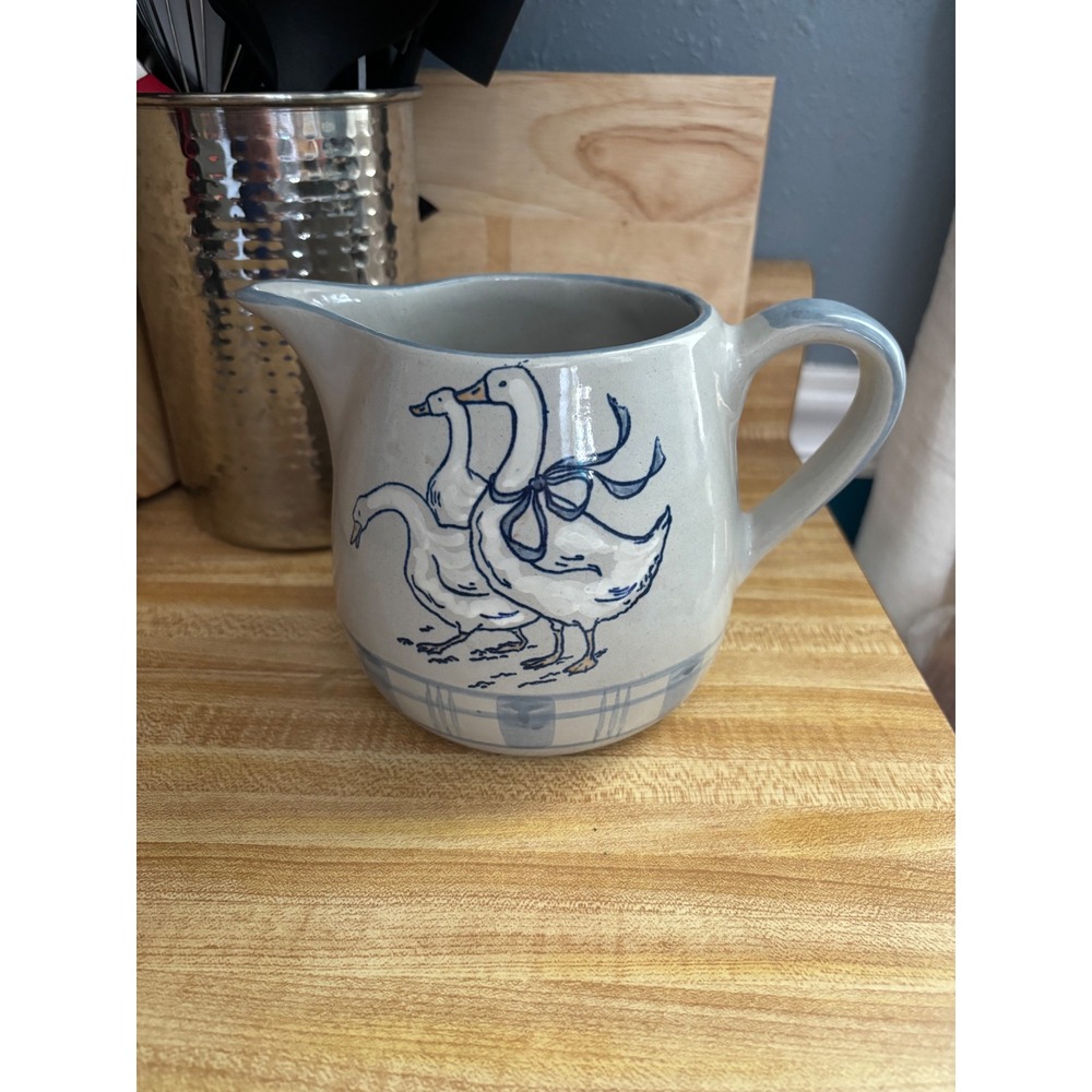 Louisville Stoneware Gaggle of Geese Creamer Pitcher Blue Grey Plaid Farmhouse